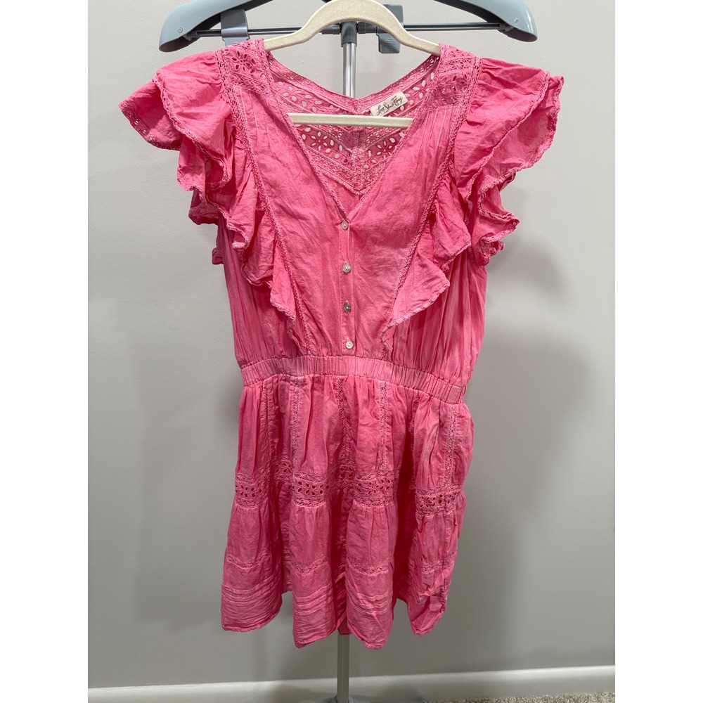 LoveShackFancy Ruffle Pink Eyelet Flutter Sleeve Cotton Size Medium Hand Dyed